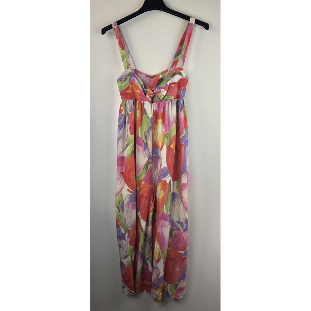 Pepaloves Playsuit Wide Leg Floral Watercolor Jumpsuit Bow Tie Pocket Resort M - Picture 2 of 14